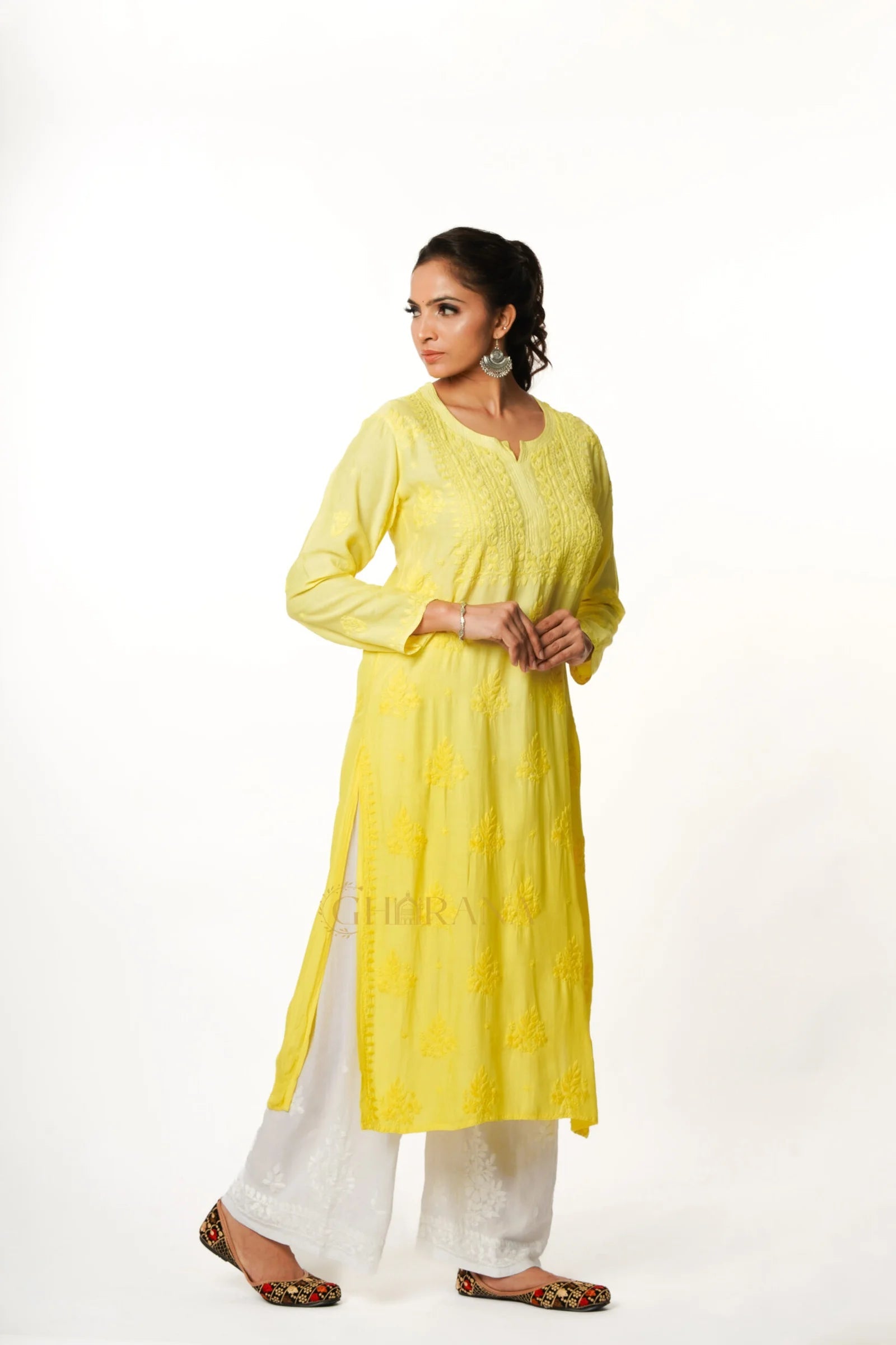 Usha Chikankari Muslin Kurta - Lemon Yellow Gharana