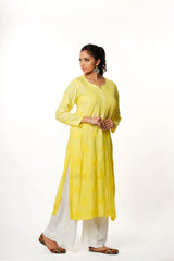 Usha Chikankari Muslin Kurta - Lemon Yellow Gharana