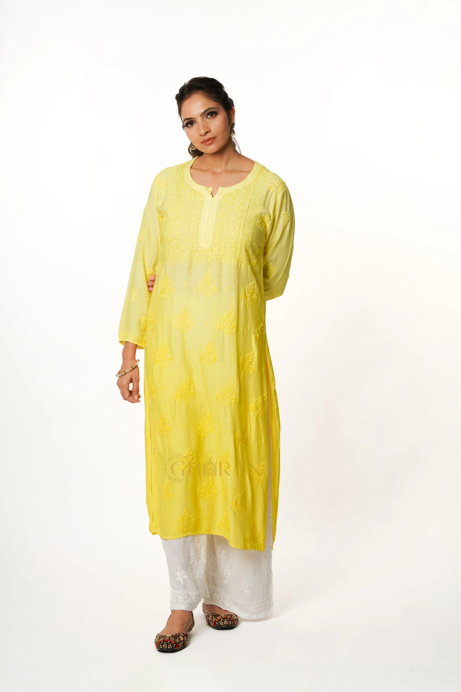 Usha Chikankari Muslin Kurta - Lemon Yellow Gharana