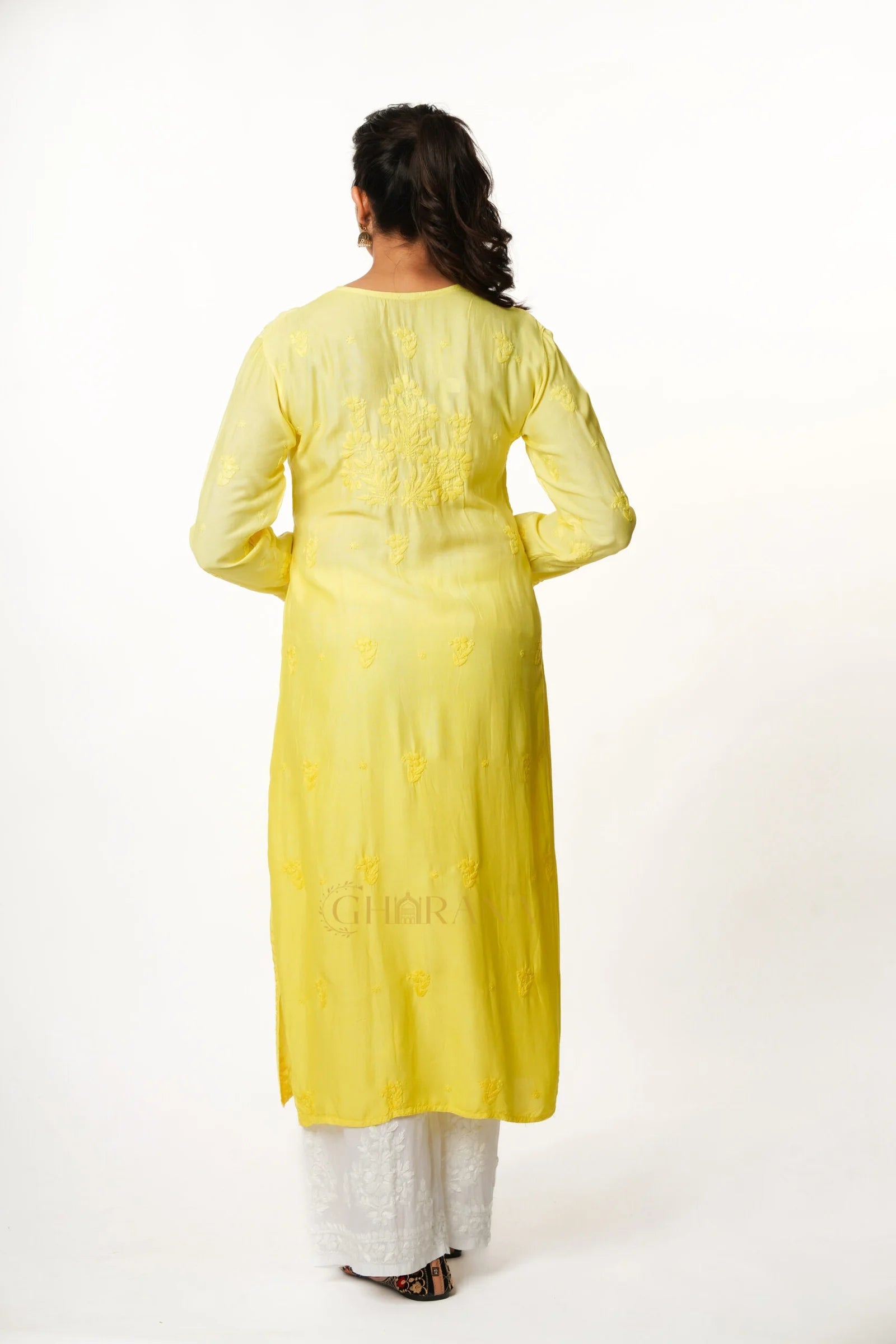 Usha Chikankari Muslin Kurta - Lemon Yellow Gharana