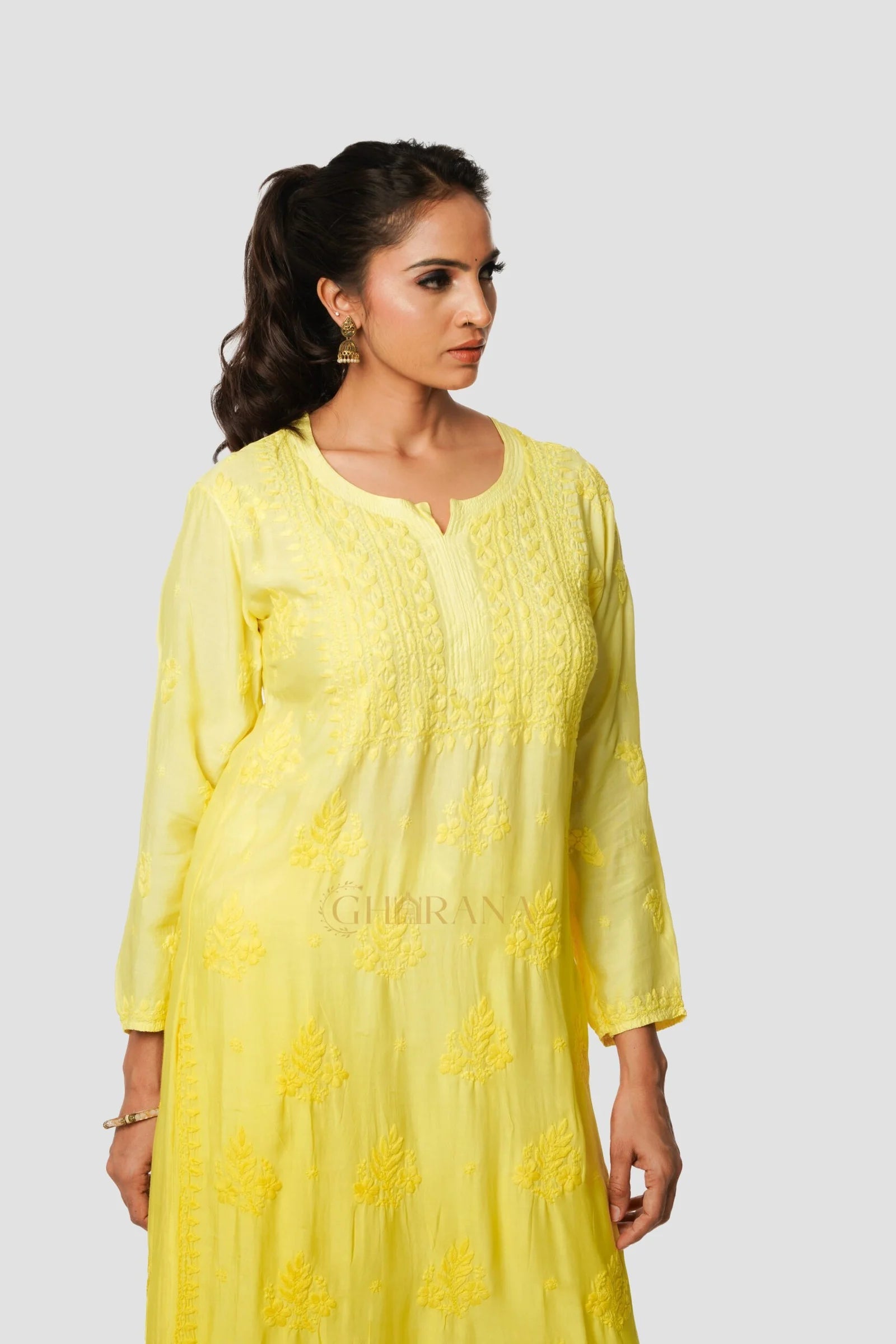 Usha Chikankari Muslin Kurta - Lemon Yellow Gharana