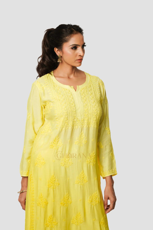Usha Chikankari Muslin Kurta - Lemon Yellow Gharana