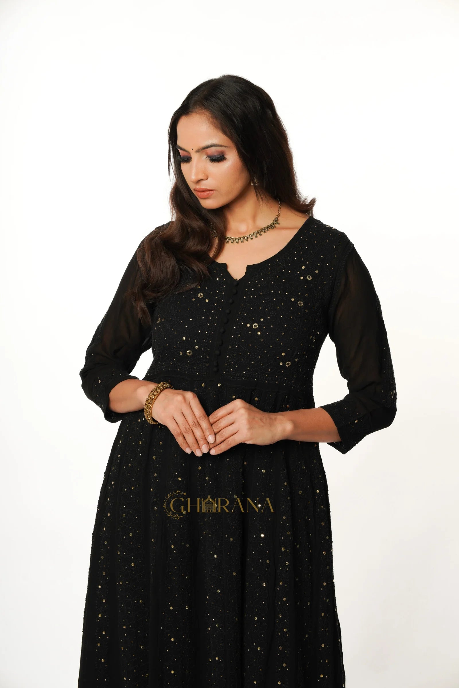 Kiara Georgette 4PC Chikankari Anarkali Kurta Set with Mukaish Work Gharana