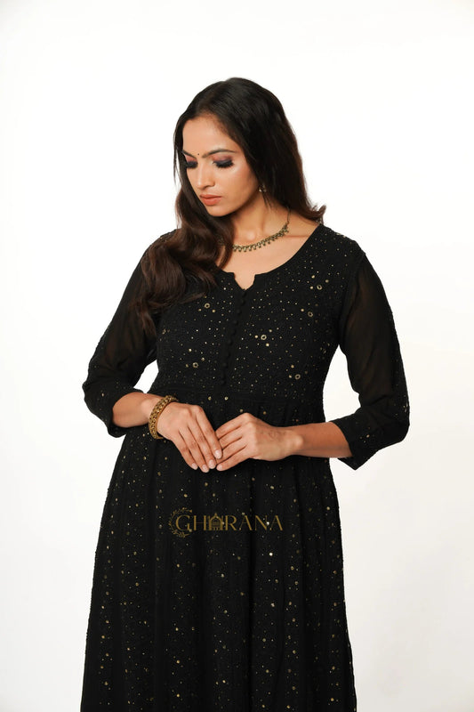 Kiara Georgette 4PC Chikankari Anarkali Kurta Set with Mukaish Work Gharana