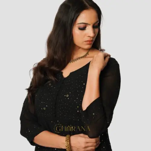 Kiara Georgette 4PC Chikankari Anarkali Kurta Set with Mukaish Work Gharana