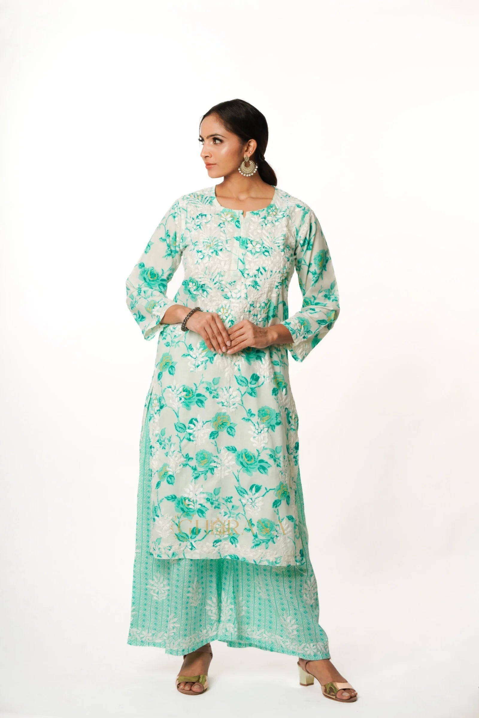 Premium Mulmul Chikankari Printed Co ord Kurta Set Gharana