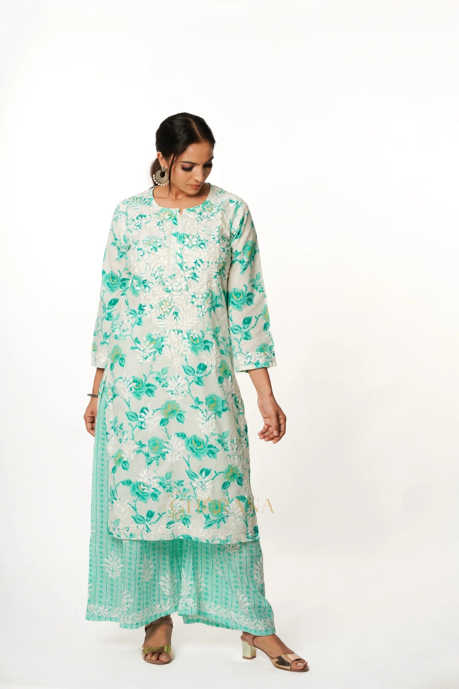 Premium Mulmul Chikankari Printed Co ord Kurta Set Gharana