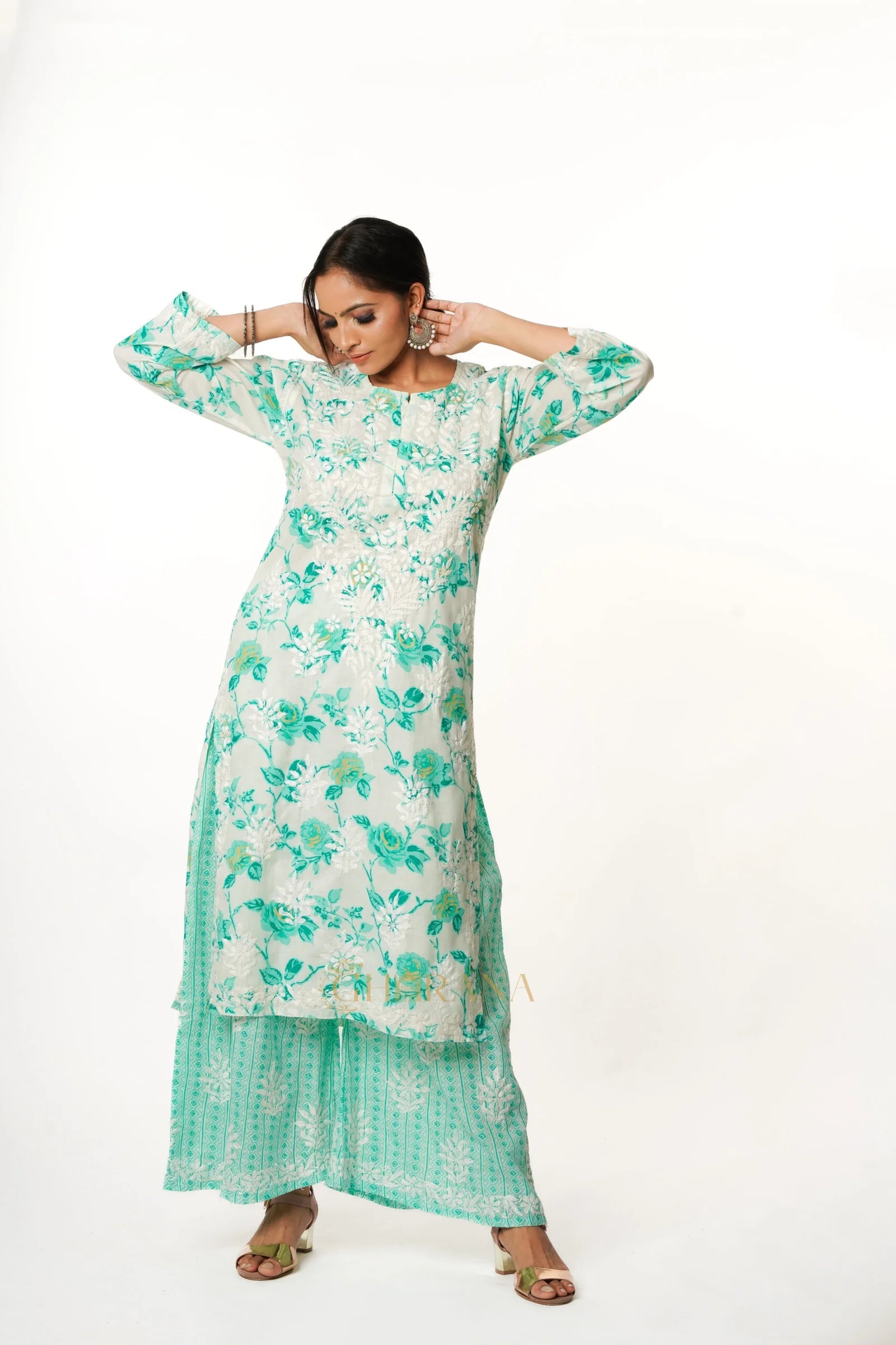 Premium Mulmul Chikankari Printed Co ord Kurta Set Gharana