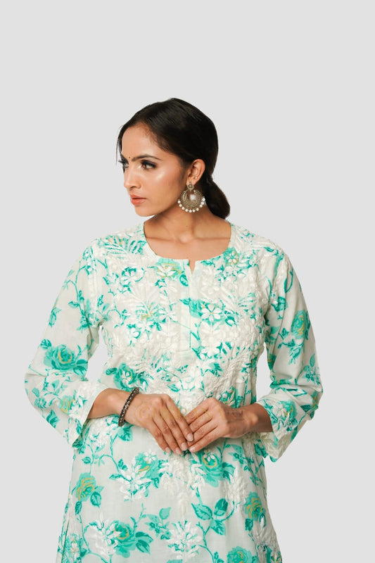 Premium Mulmul Chikankari Printed Co ord Kurta Set Gharana