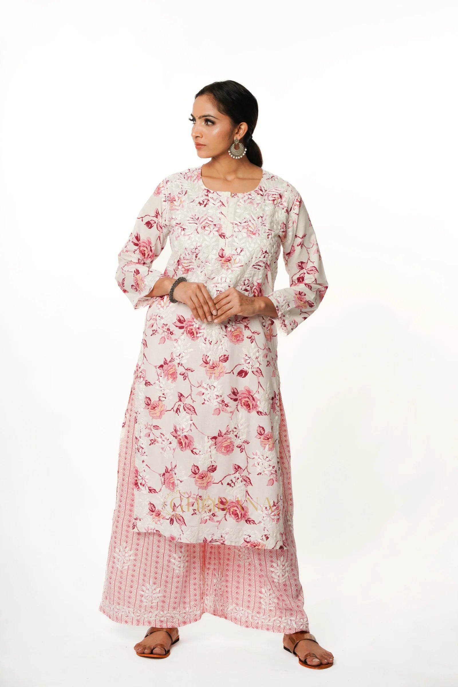 Premium Mulmul Chikankari Printed Co ord Kurta Set – Pink Gharana