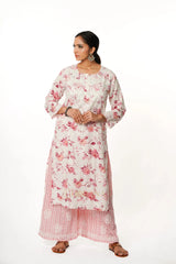 Premium Mulmul Chikankari Printed Co ord Kurta Set – Pink Gharana
