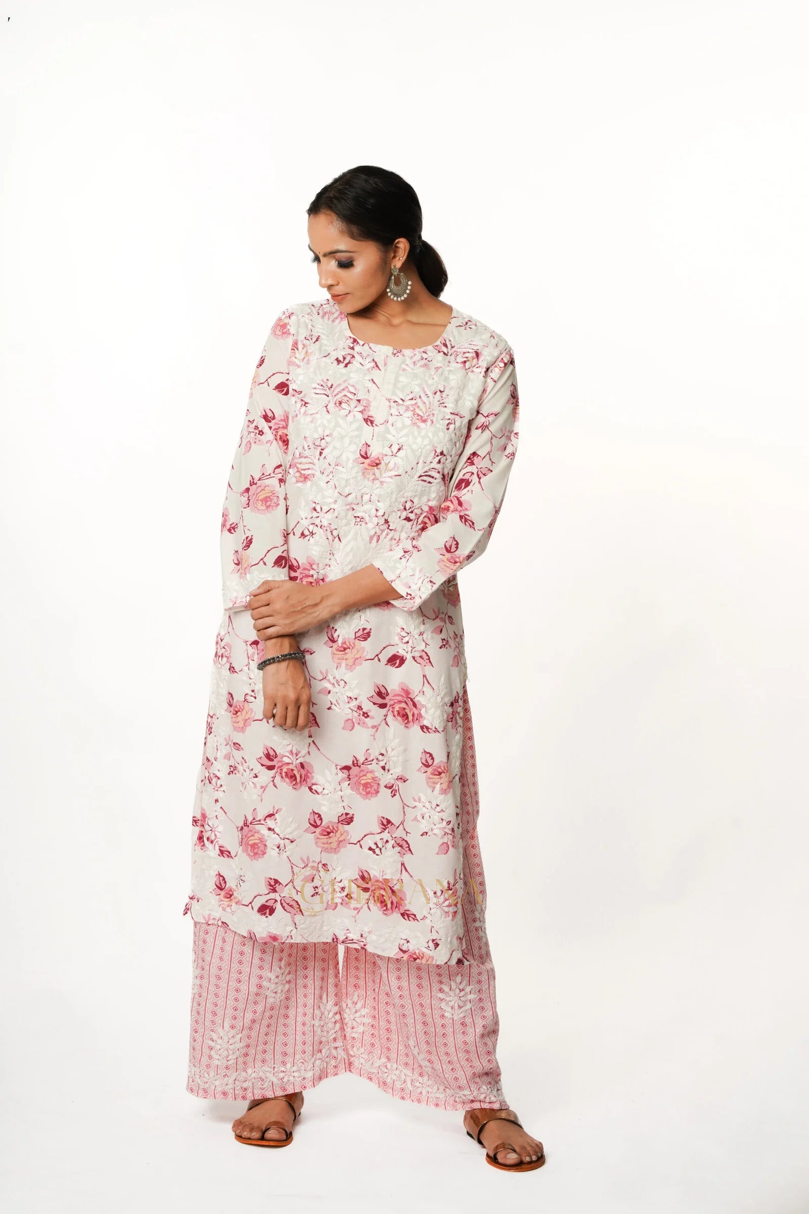 Premium Mulmul Chikankari Printed Co ord Kurta Set – Pink Gharana