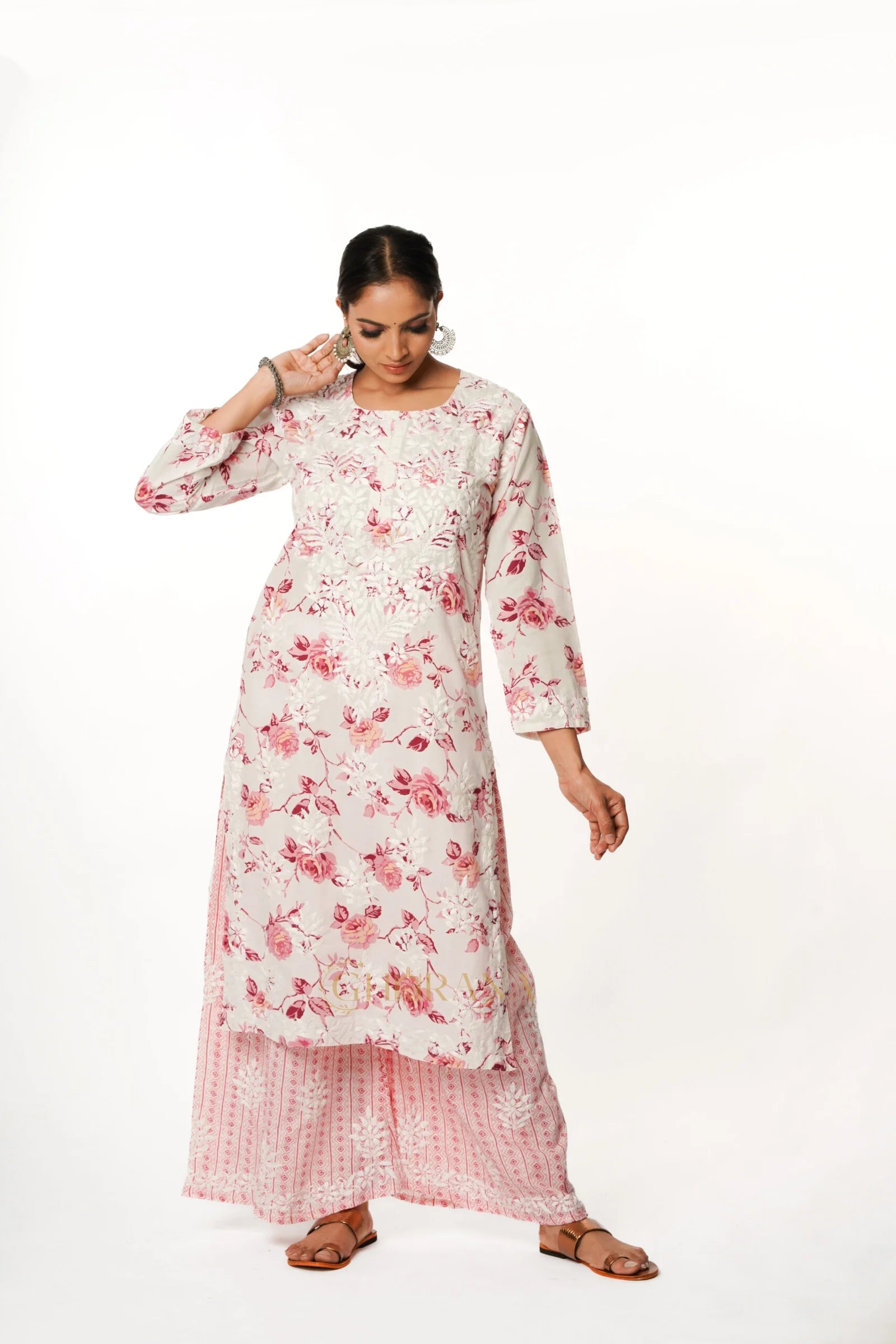 Premium Mulmul Chikankari Printed Co ord Kurta Set – Pink Gharana