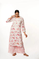 Premium Mulmul Chikankari Printed Co ord Kurta Set – Pink Gharana