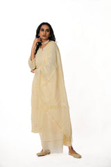 Premium MulChanderi Chikankari Kurta set with embroidered Pant and Dupatta Gharana