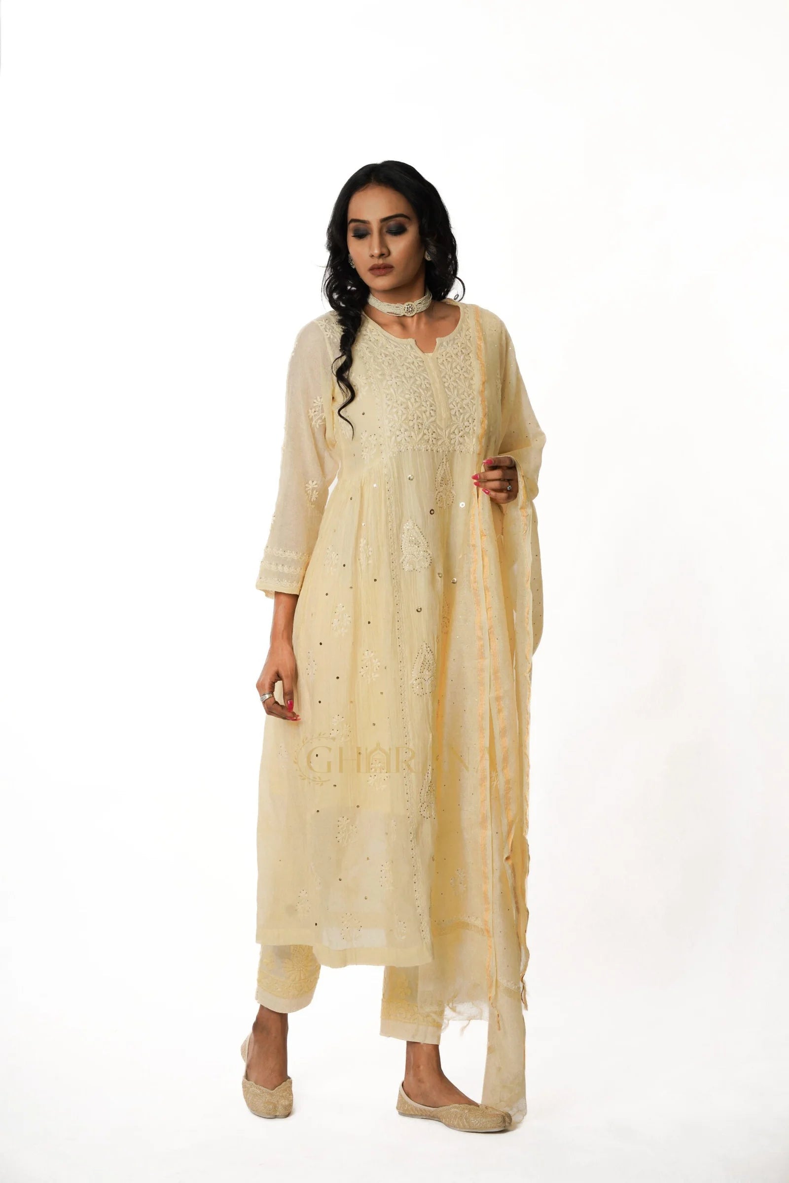 Premium MulChanderi Chikankari Kurta set with embroidered Pant and Dupatta Gharana
