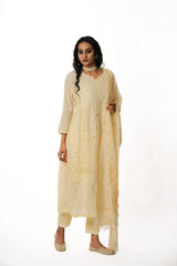 Premium MulChanderi Chikankari Kurta set with embroidered Pant and Dupatta Gharana