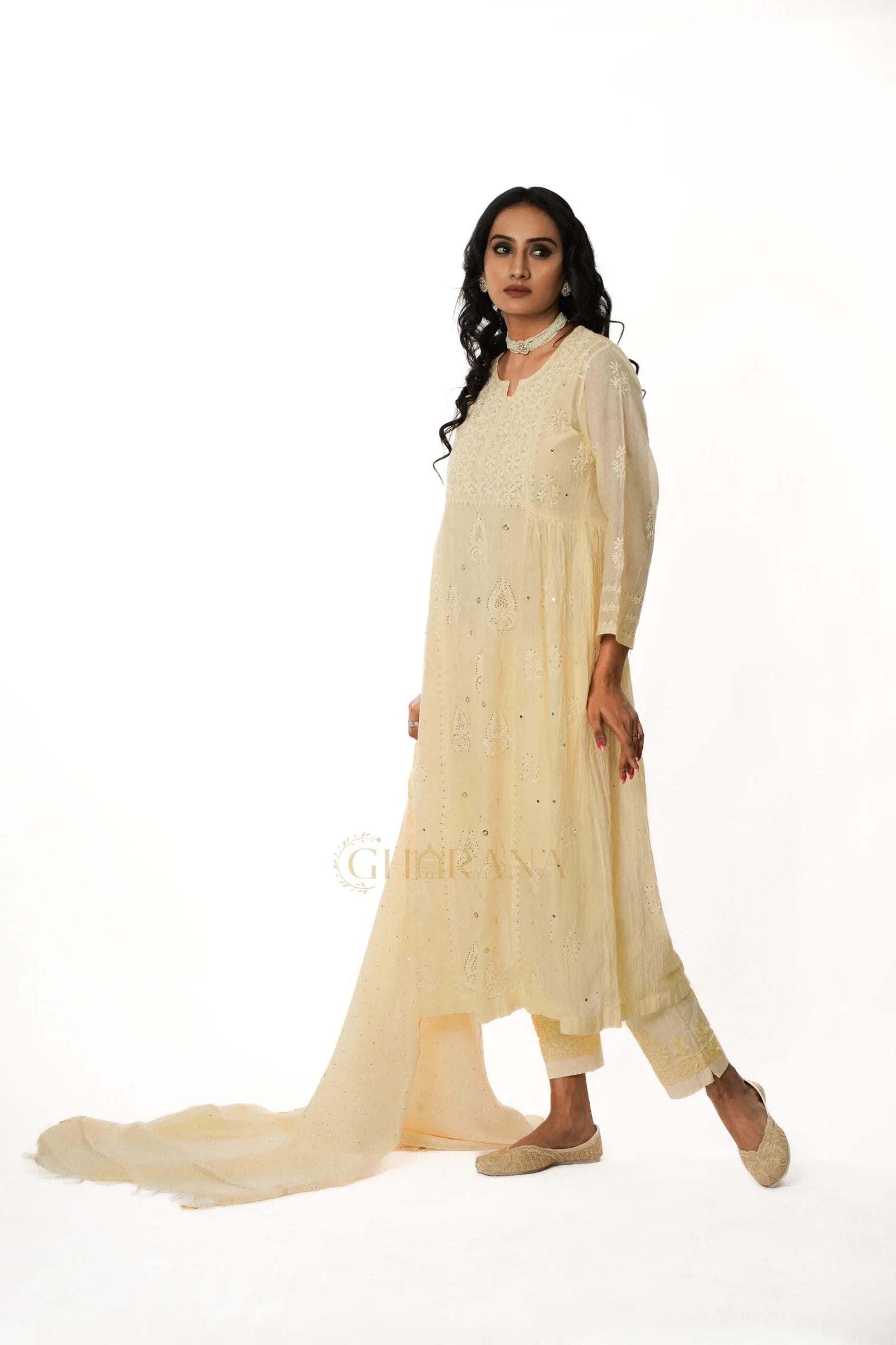 Premium MulChanderi Chikankari Kurta set with embroidered Pant and Dupatta Gharana