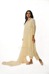 Premium MulChanderi Chikankari Kurta set with embroidered Pant and Dupatta Gharana