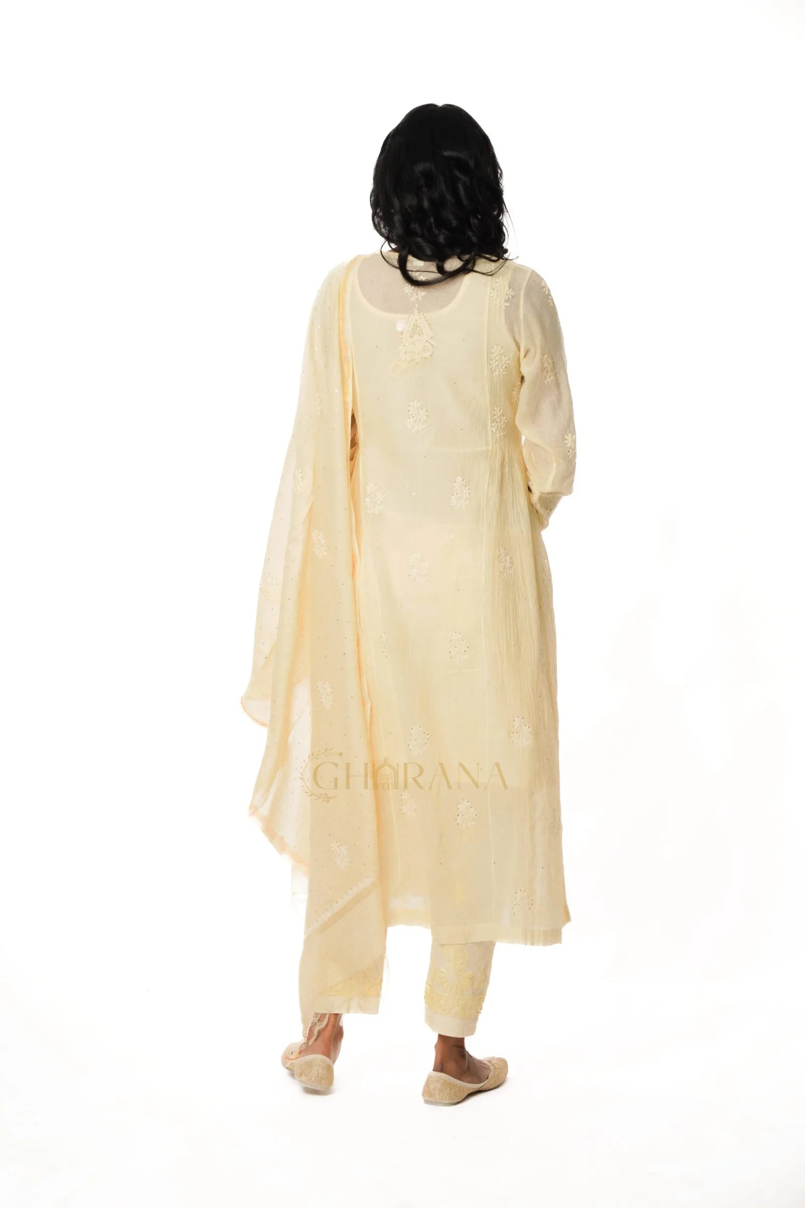 Premium MulChanderi Chikankari Kurta set with embroidered Pant and Dupatta Gharana