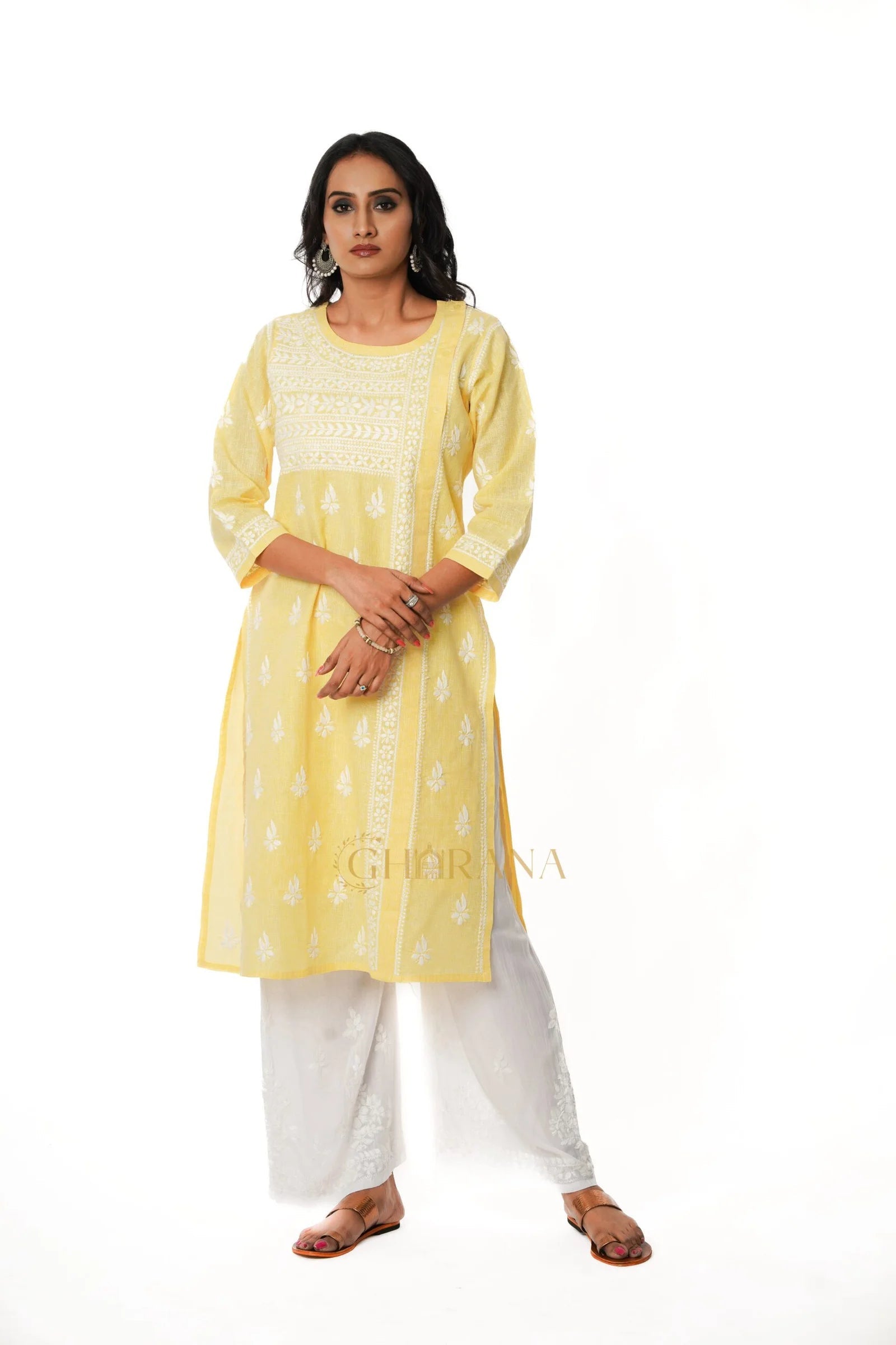 Chikankari Pure Linen Angrakha Kurta – Yellow Gharana