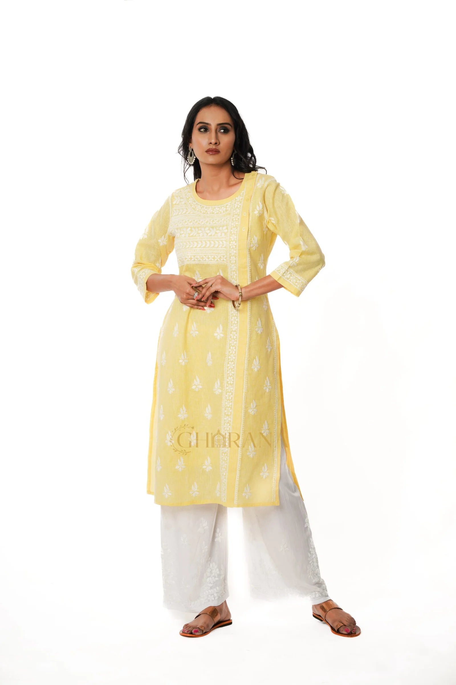 Chikankari Pure Linen Angrakha Kurta – Yellow Gharana