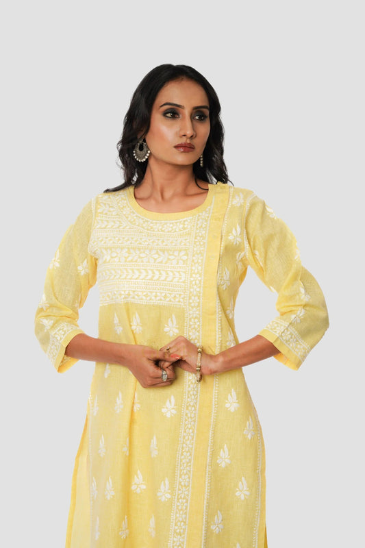 Chikankari Pure Linen Angrakha Kurta – Yellow Gharana