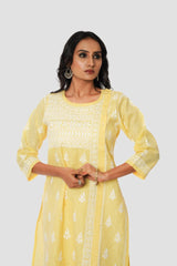Chikankari Pure Linen Angrakha Kurta – Yellow Gharana