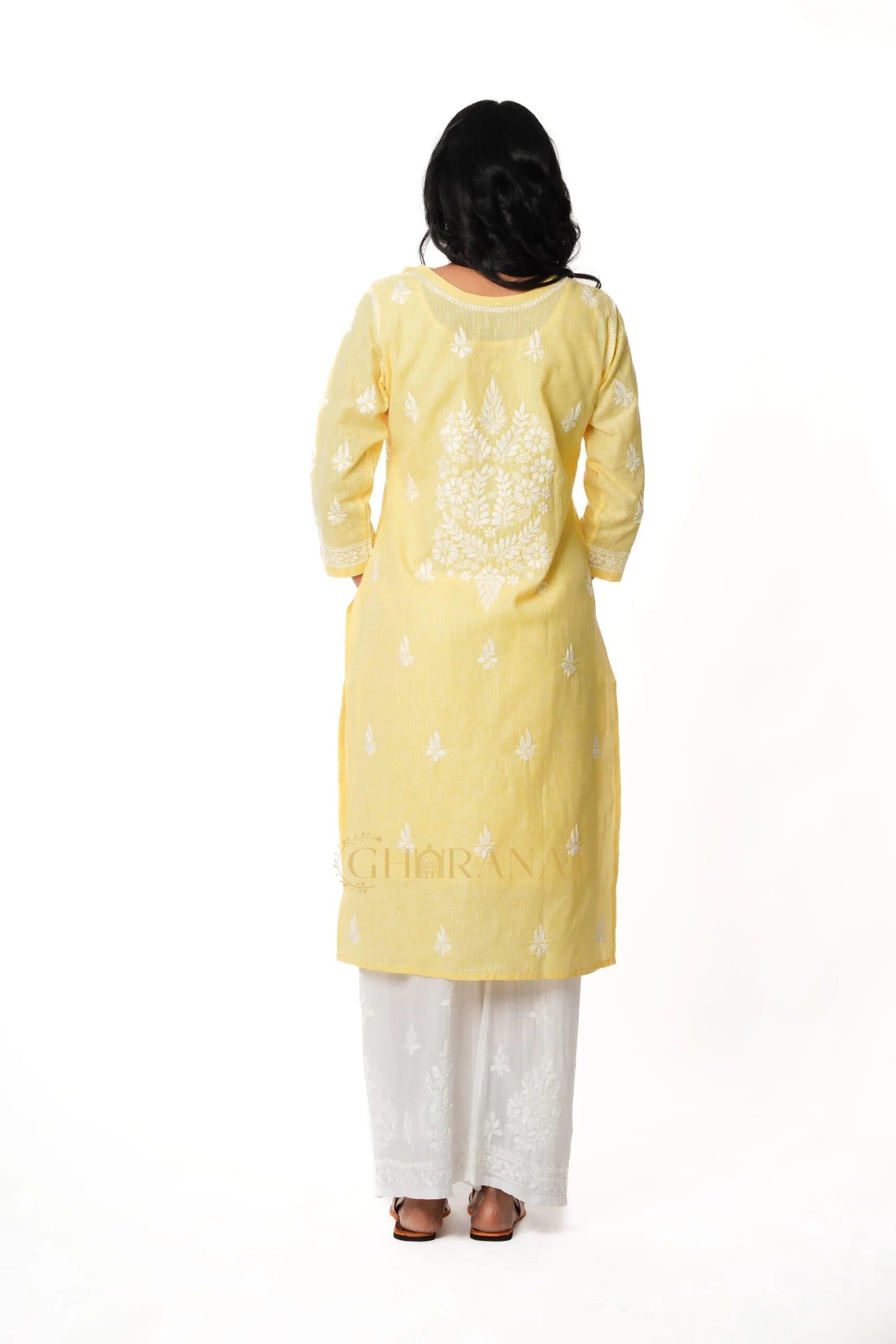 Chikankari Pure Linen Angrakha Kurta – Yellow Gharana