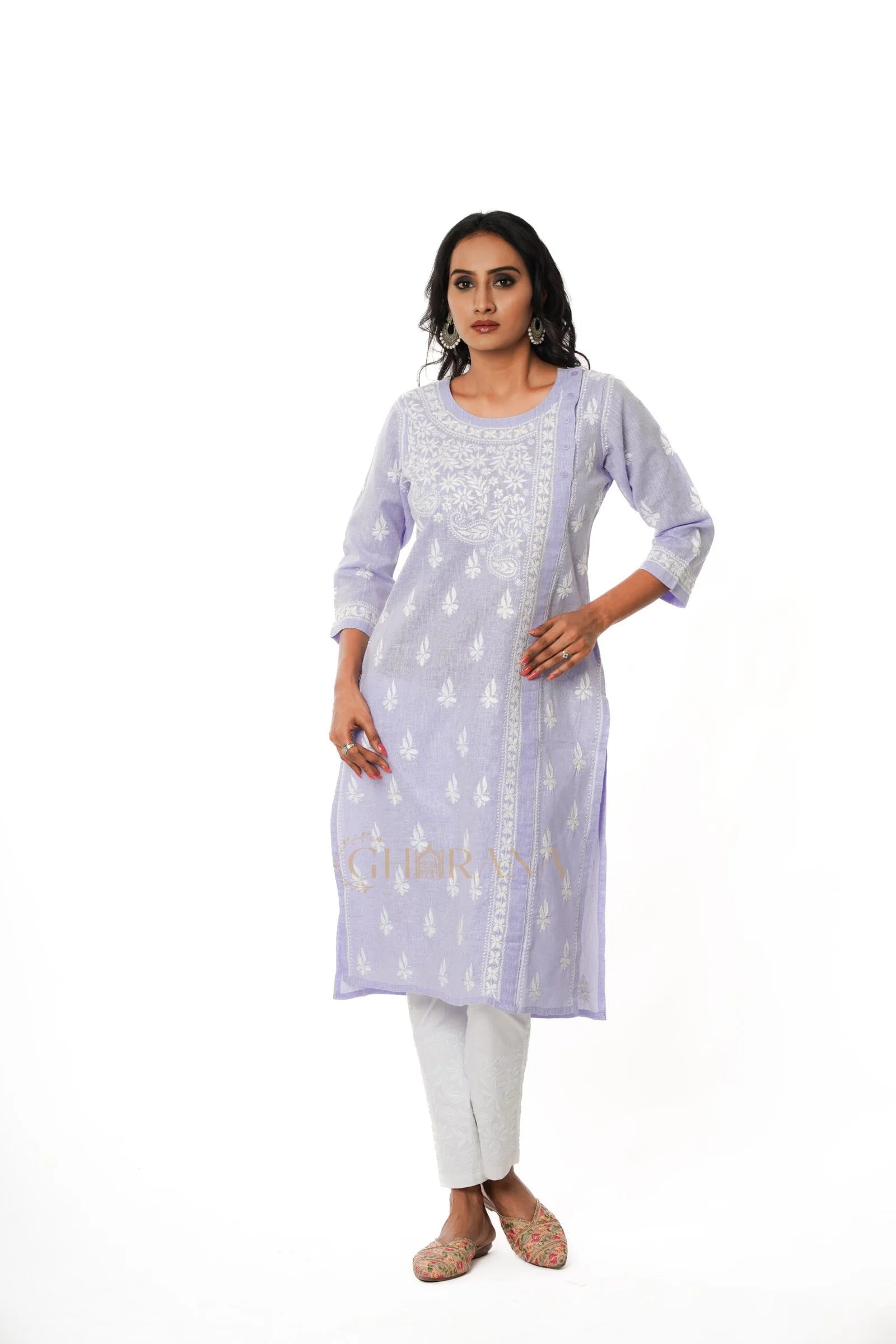 Chikankari Pure Linen Angrakha Kurta – Light Purple Gharana