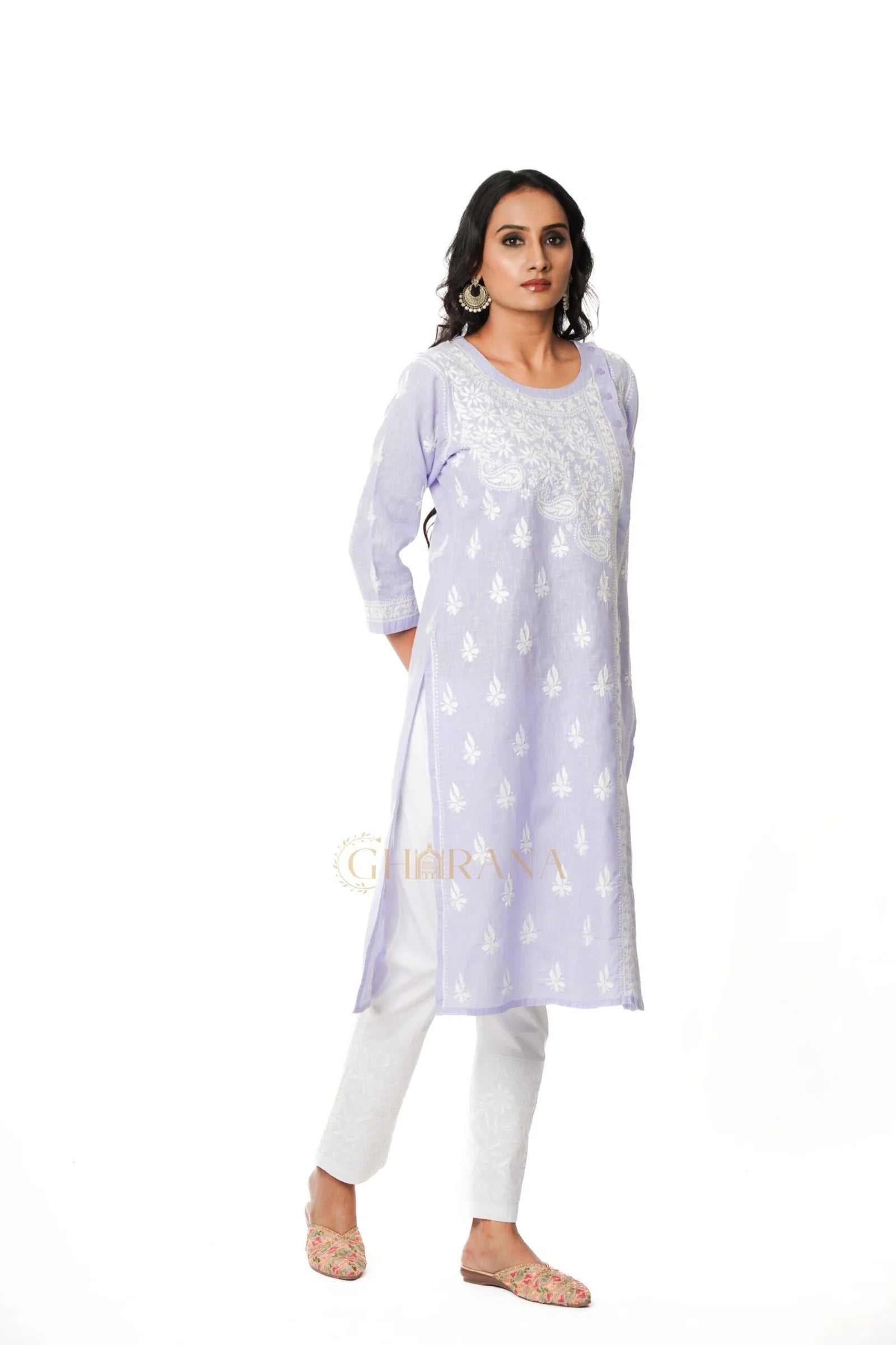 Chikankari Pure Linen Angrakha Kurta – Light Purple Gharana
