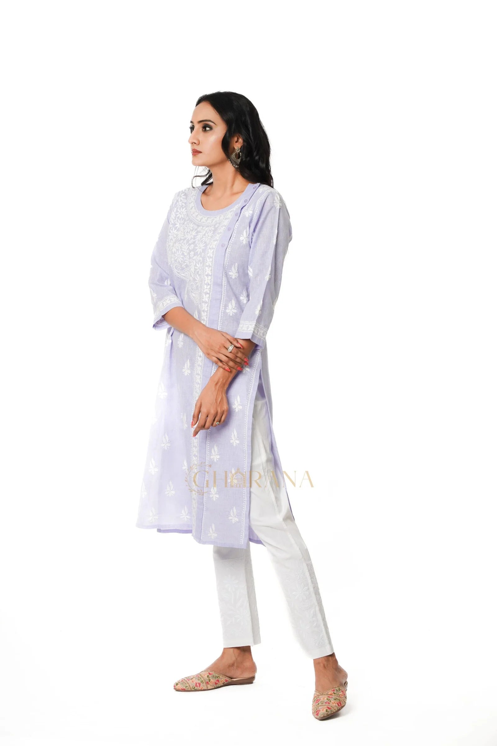 Chikankari Pure Linen Angrakha Kurta – Light Purple Gharana