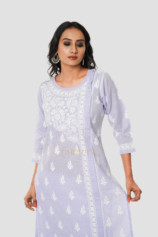 Chikankari Pure Linen Angrakha Kurta – Light Purple Gharana