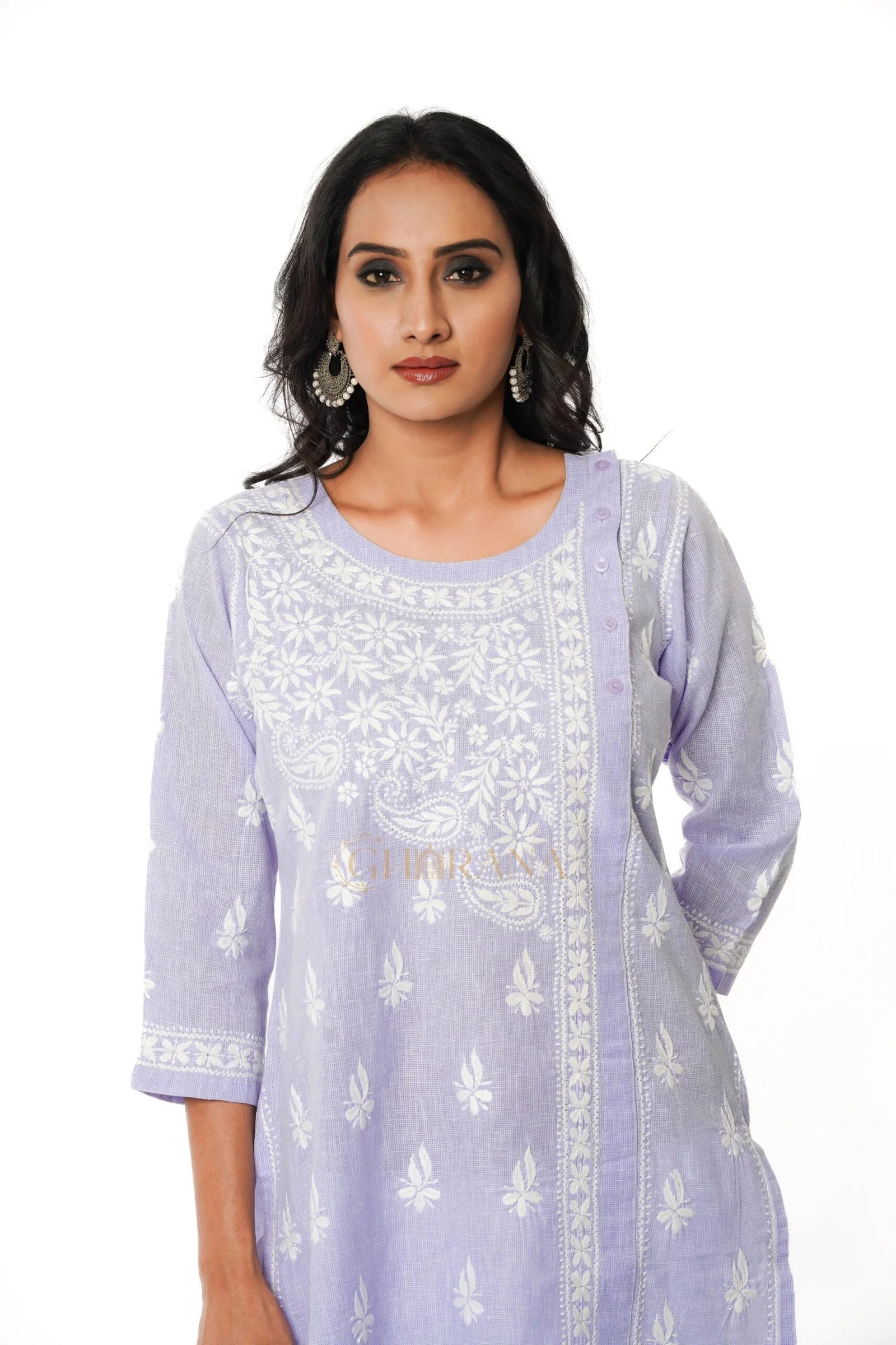 Chikankari Pure Linen Angrakha Kurta – Light Purple Gharana