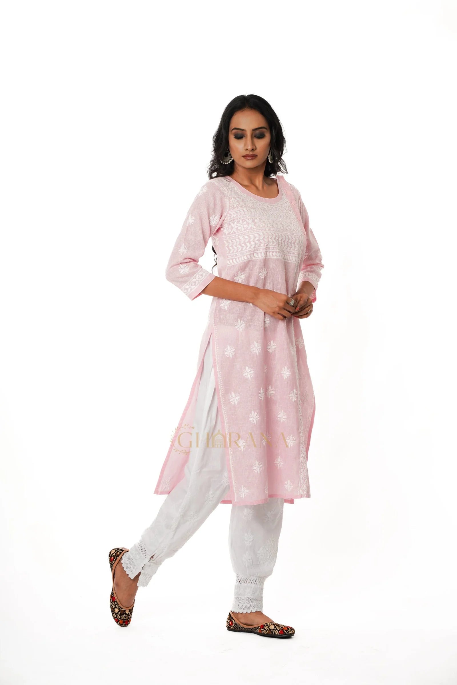 Chikankari Pure Linen Angrakha Kurta Gharana