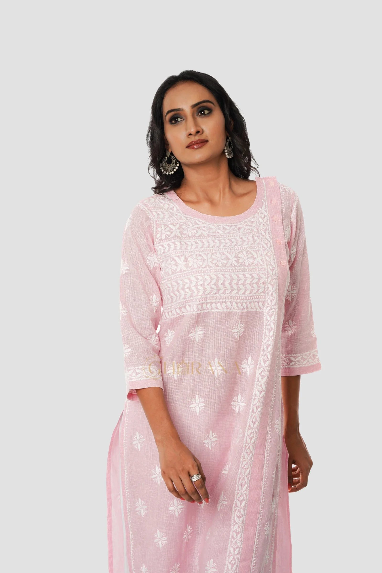Chikankari Pure Linen Angrakha Kurta Gharana