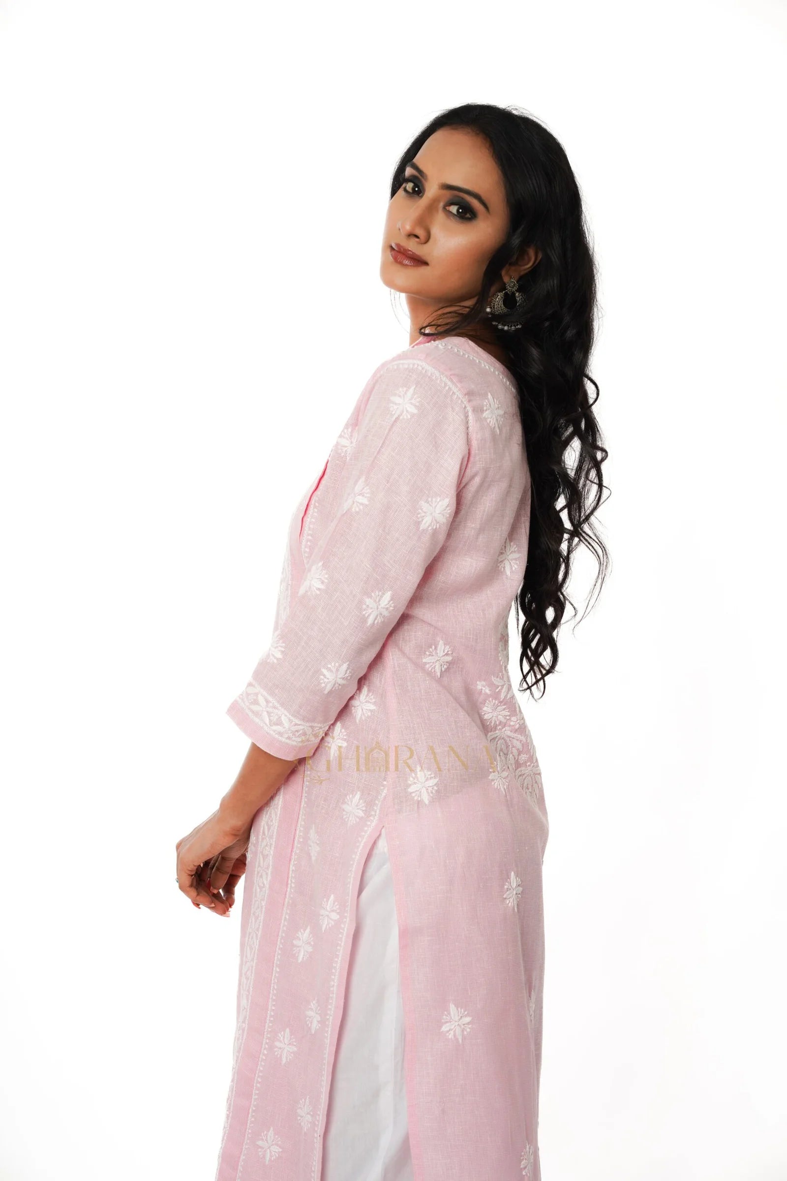 Chikankari Pure Linen Angrakha Kurta Gharana