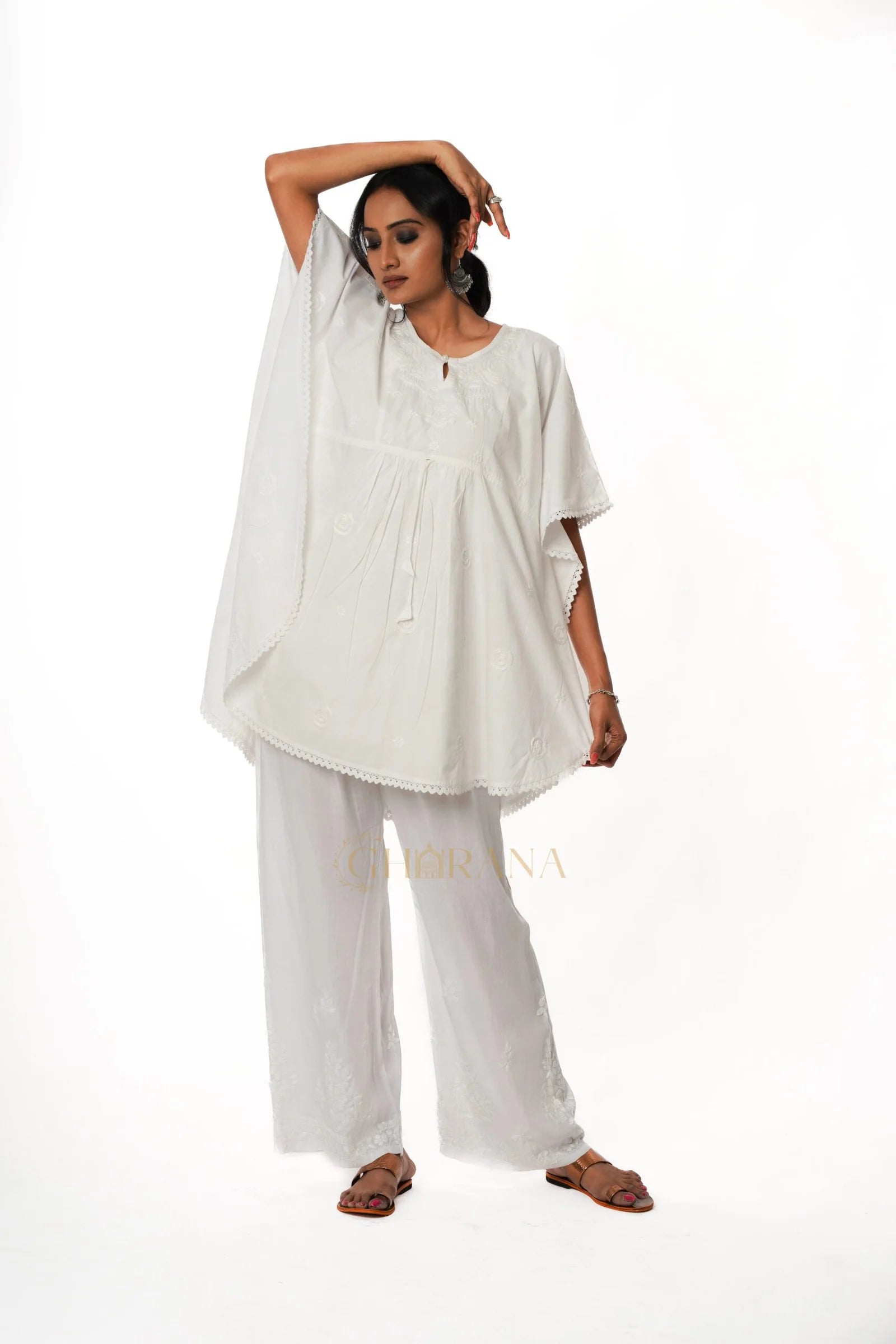 Cotton Chikankari Kaftan – White Gharana