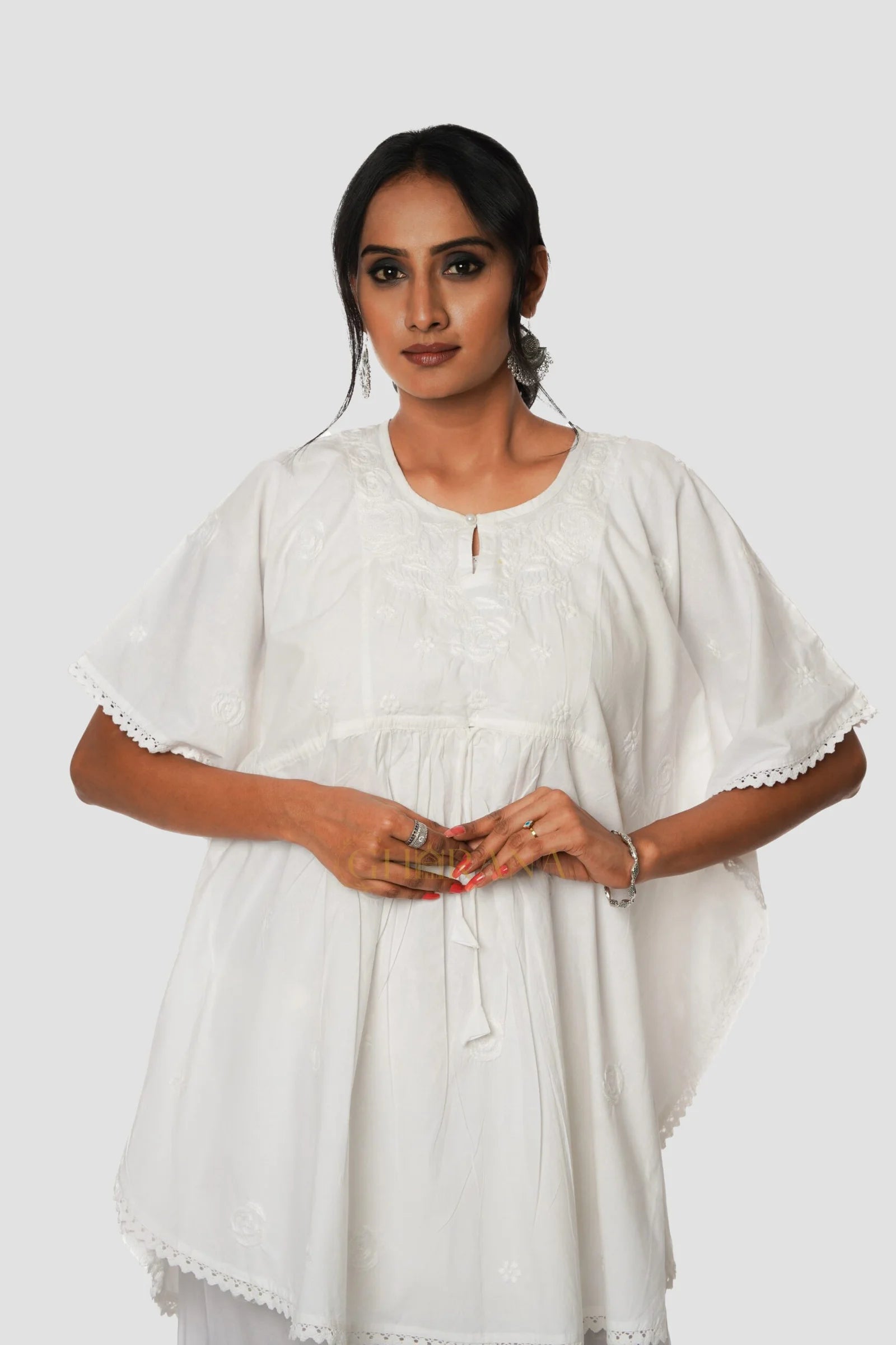 Cotton Chikankari Kaftan – White Gharana