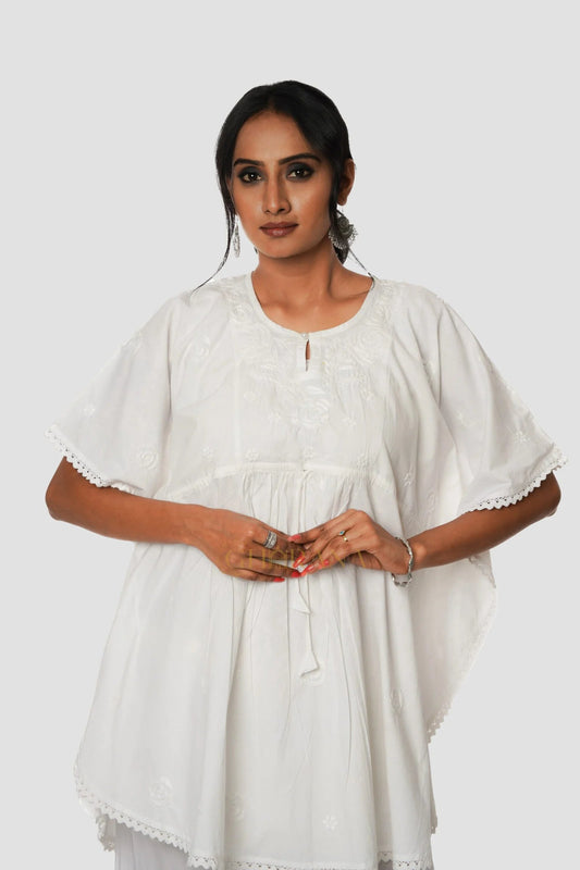 Cotton Chikankari Kaftan – White Gharana