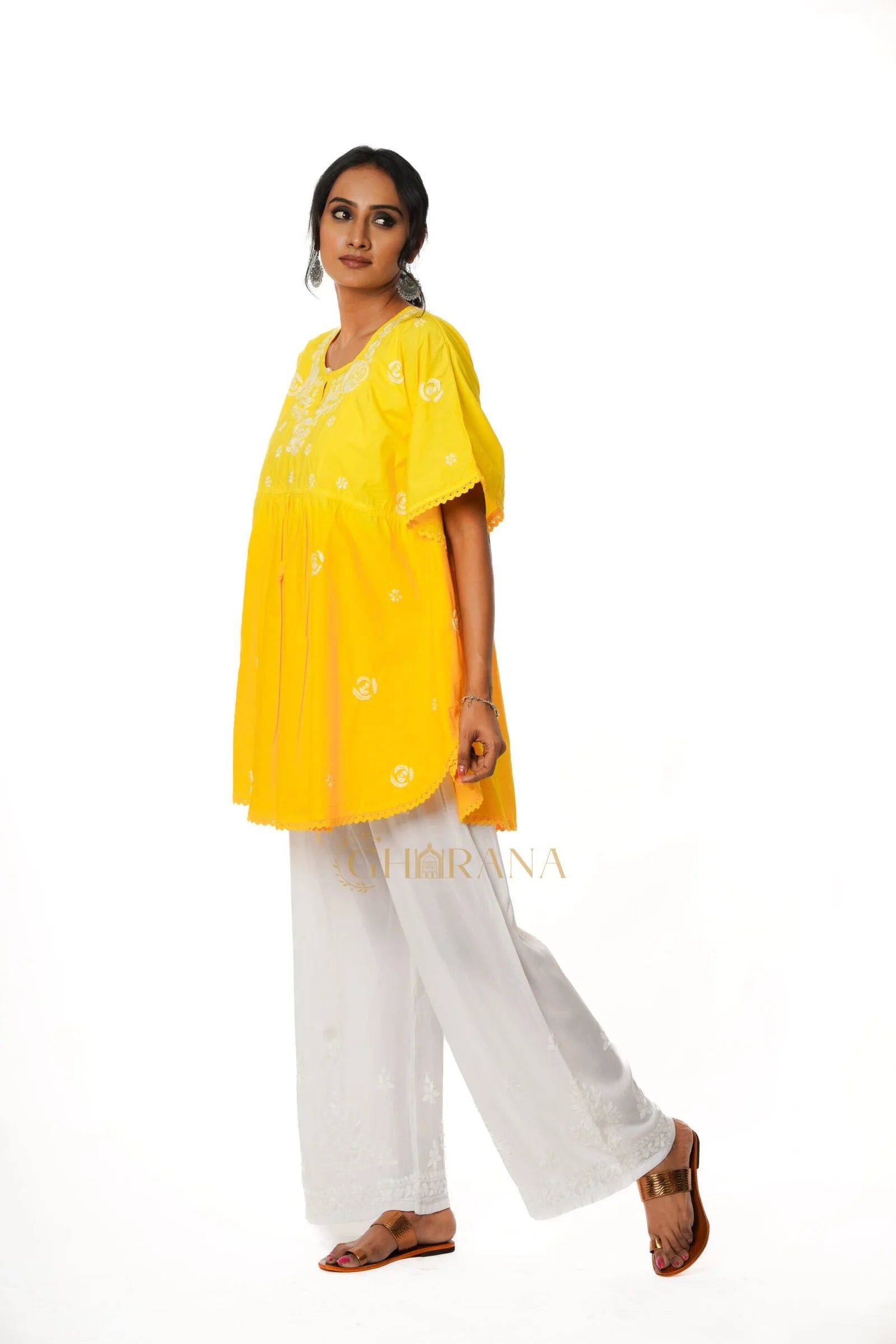 Cotton Chikankari Kaftan – Yellow Gharana