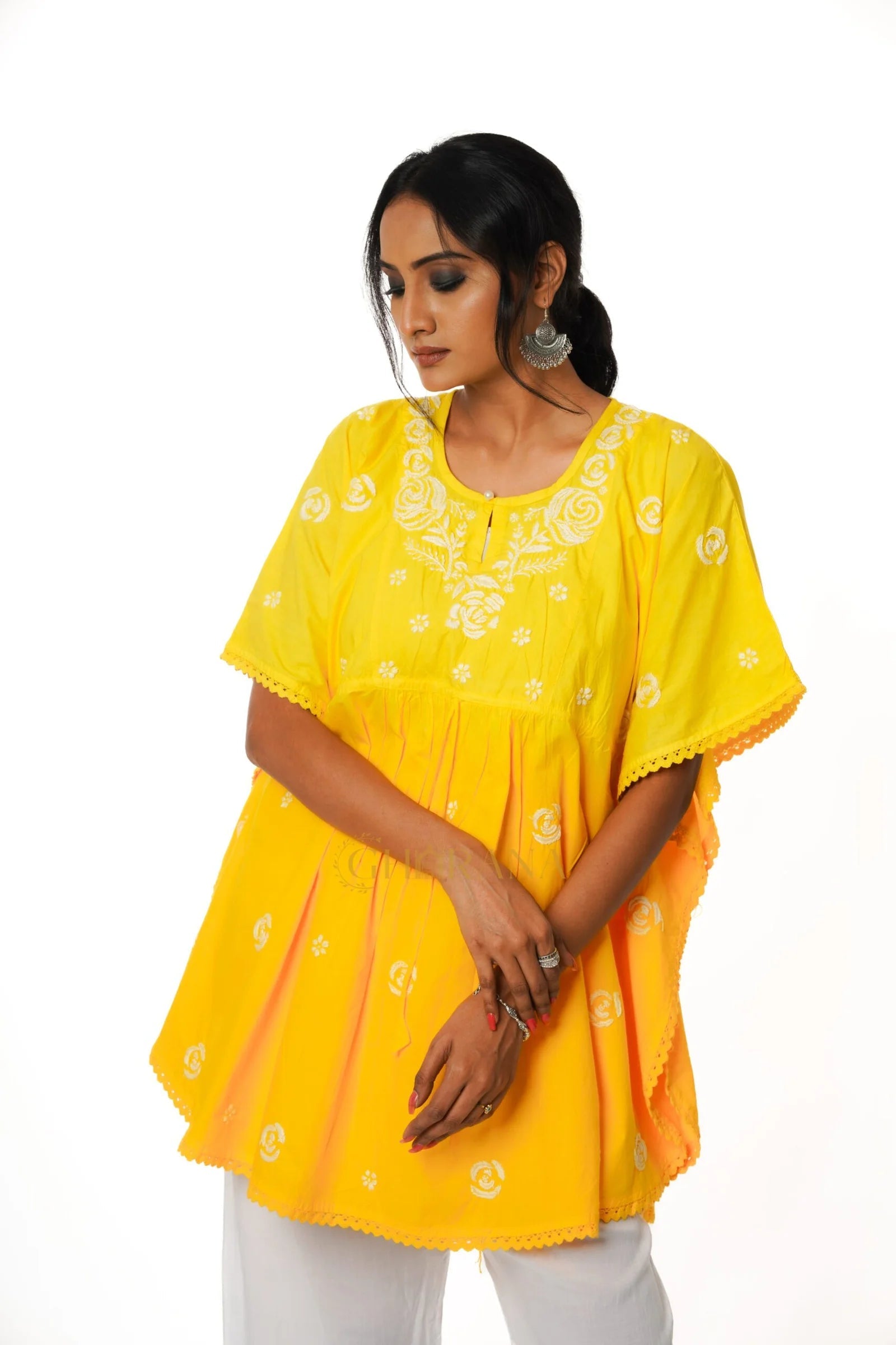 Cotton Chikankari Kaftan – Yellow Gharana
