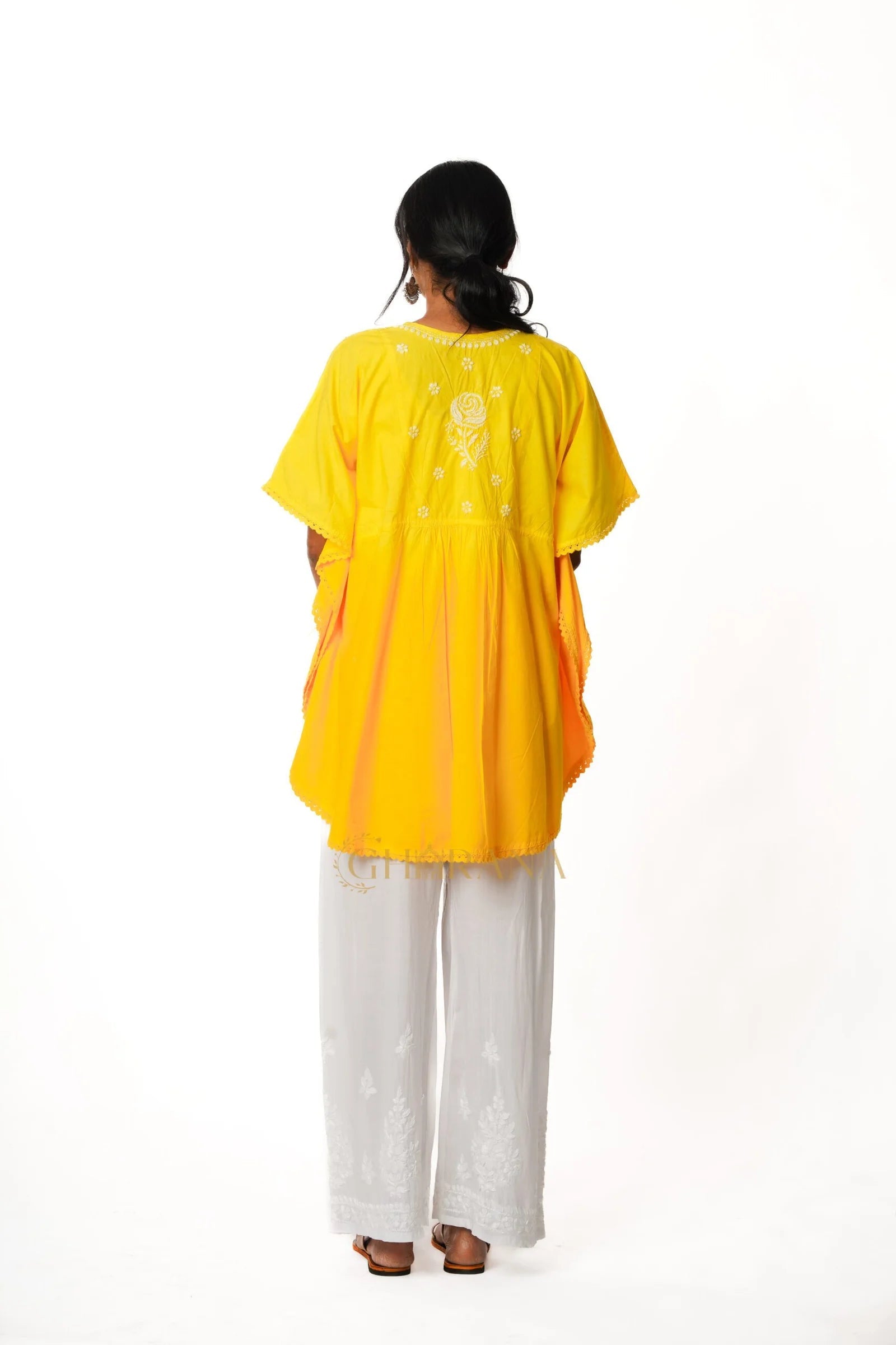 Cotton Chikankari Kaftan – Yellow Gharana
