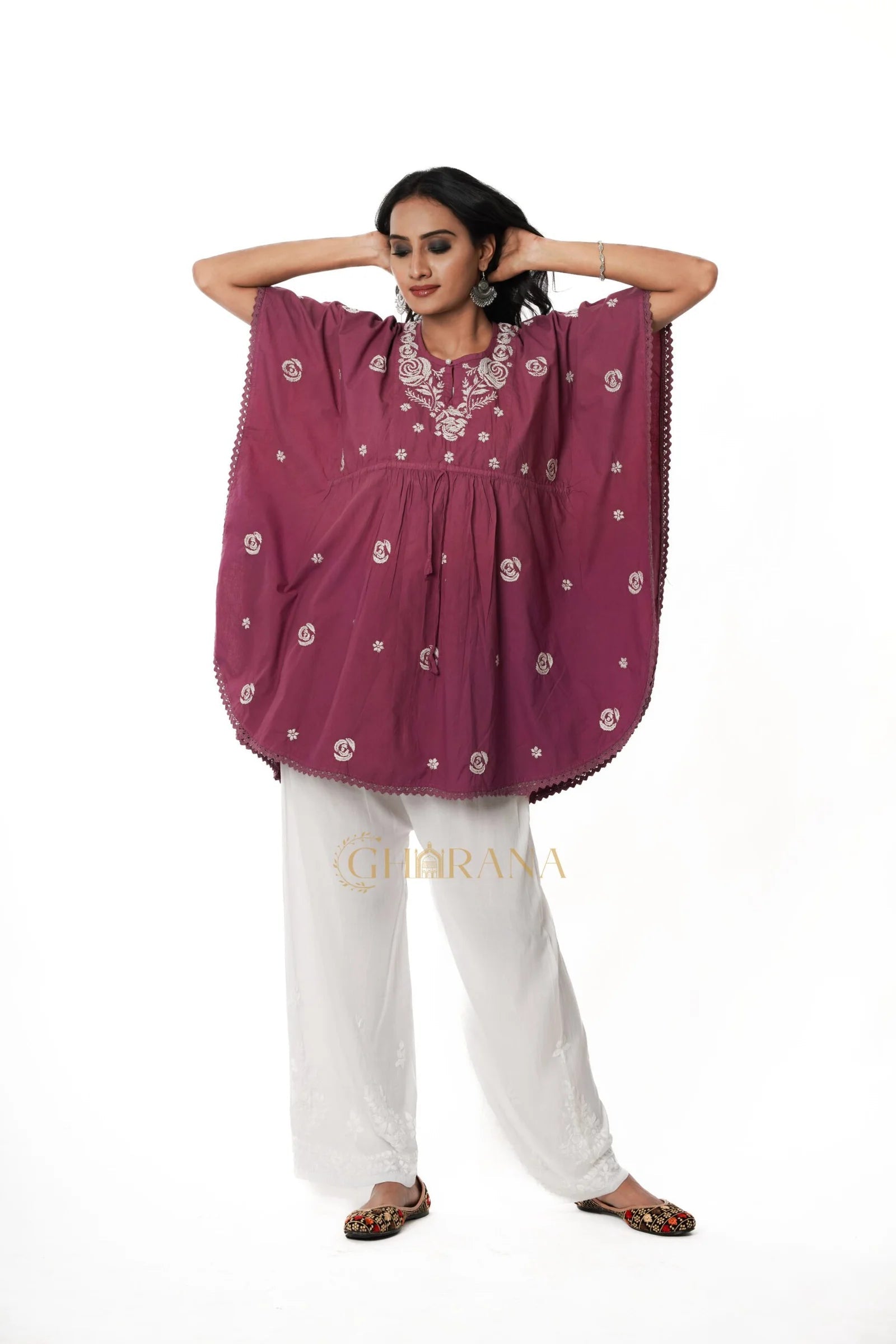 Cotton Chikankari Kaftan – Magenta Gharana