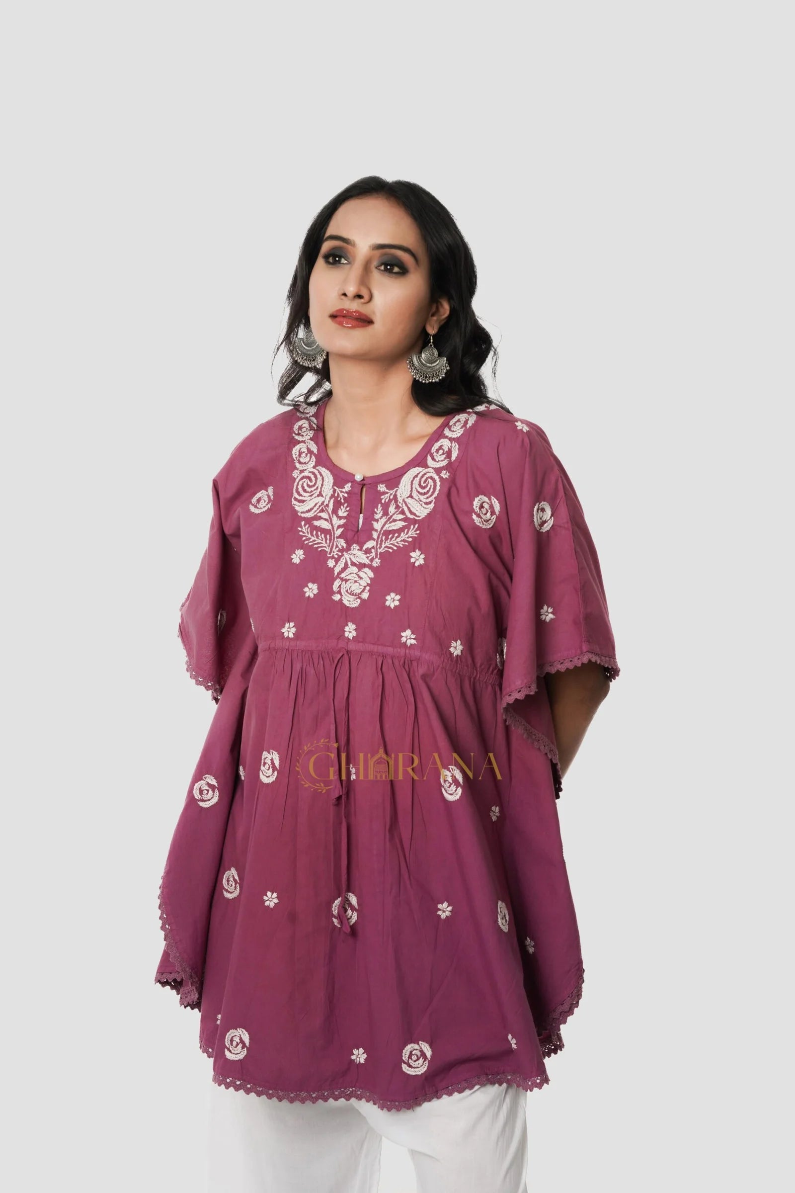 Cotton Chikankari Kaftan – Magenta Gharana