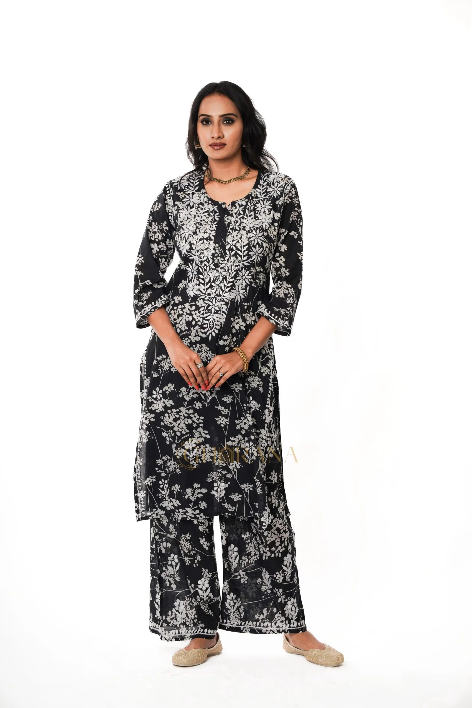 Mulmul Chikankari Printed Co ord Kurta Set – Black Gharana