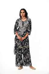 Mulmul Chikankari Printed Co ord Kurta Set – Black Gharana