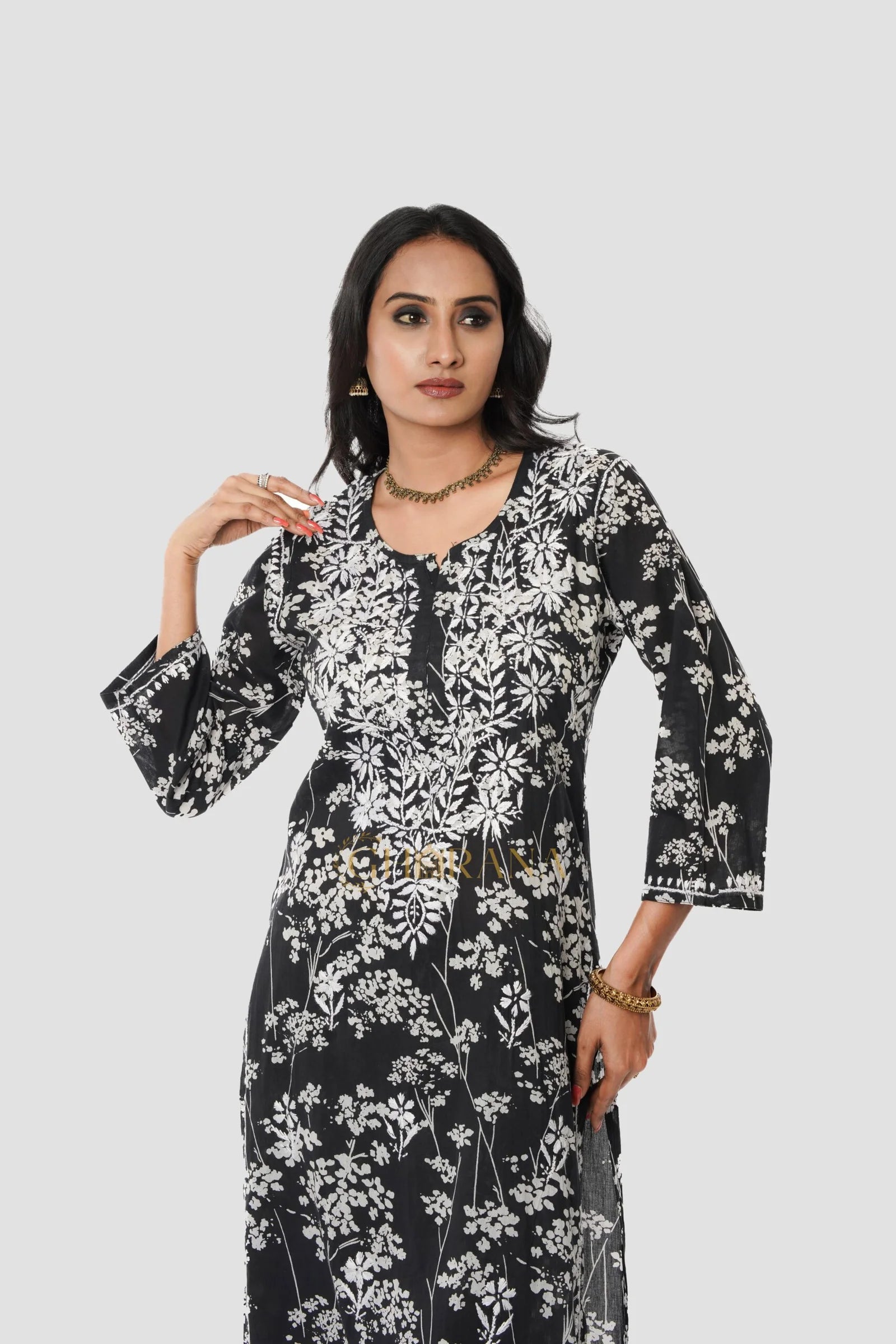 Mulmul Chikankari Printed Co ord Kurta Set – Black Gharana
