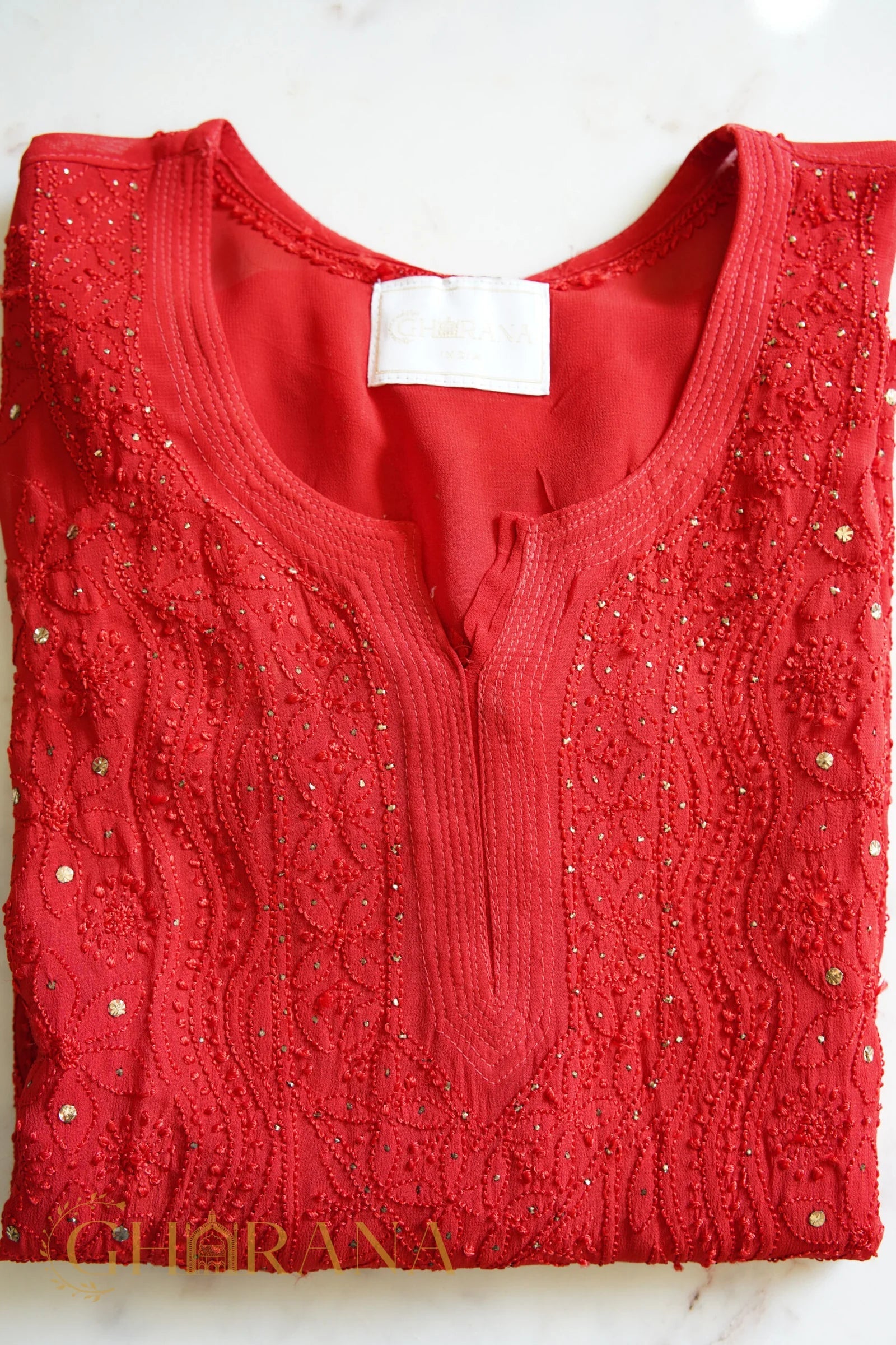 Ishq Georgette 4PC Chikankari Kurta Set with Resham Jaal and Mukaish work – Red Gharana