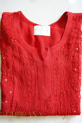 Ishq Georgette 4PC Chikankari Kurta Set with Resham Jaal and Mukaish work – Red Gharana